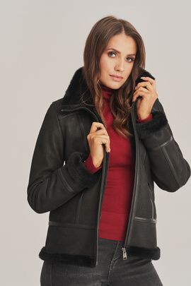 Women's black sheepskin jacket with a zipper - 100% lamb leather - Model: Cassie